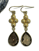 Load image into Gallery viewer, Smoky Quartz Earrings, Sterling Silver, 14K gold Plated, Caramel Brown, Double Drop