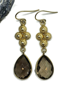 Smoky Quartz Earrings, Sterling Silver, 14K gold Plated, Caramel Brown, Double Drop