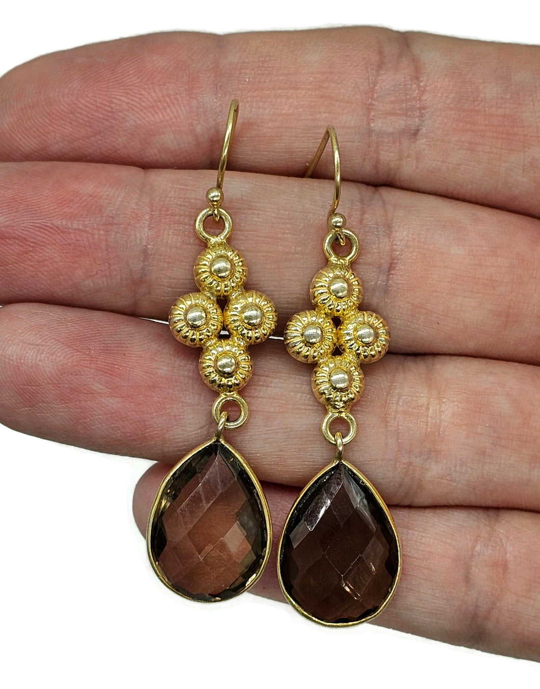 Smoky Quartz Earrings, Sterling Silver, 14K gold Plated, Caramel Brown, Double Drop