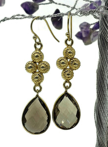 Smoky Quartz Earrings, Sterling Silver, 14K gold Plated, Caramel Brown, Double Drop