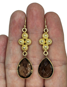 Smoky Quartz Earrings, Sterling Silver, 14K gold Plated, Caramel Brown, Double Drop