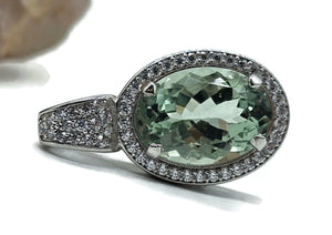 Green Amethyst Halo Pendant, 12 carats, Oval Faceted, Sterling Silver, Prasiolite Gemstone - GemzAustralia 