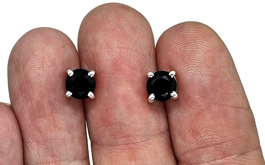 Black Onyx Stud Earrings, Sterling Silver, Round prong set, Strength Giving, Support