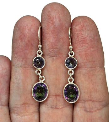 Mystic Topaz Double Drop Earrings, Round/Oval Shaped, Sterling Silver, Purple/Green Gem - GemzAustralia 