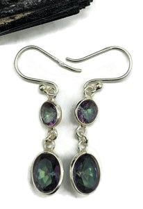 Mystic Topaz Double Drop Earrings, Round/Oval Shaped, Sterling Silver, Purple/Green Gem - GemzAustralia 