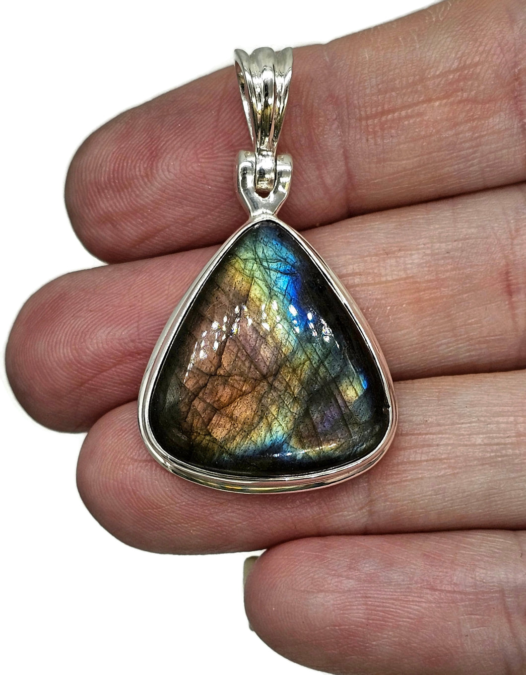 Spectrolite Labradorite Pendant, Sterling Silver, Triangle Shaped, Blue, Green, Gold, Purple