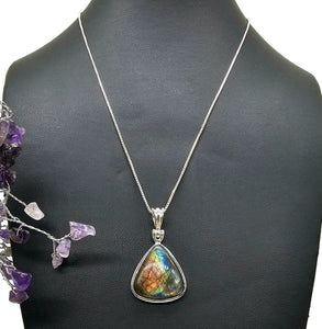 Spectrolite Labradorite Pendant, Sterling Silver, Triangle Shaped, Blue, Green, Gold, Purple