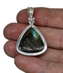 Spectrolite Labradorite Pendant, Sterling Silver, Triangle Shaped, Blue, Green, Gold, Purple