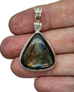 Spectrolite Labradorite Pendant, Sterling Silver, Triangle Shaped, Blue, Green, Gold, Purple