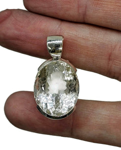 26 carat Clear Quartz Crystal Pendant, Sterling Silver, Oval Faceted, Concentration Stone