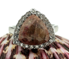 Load image into Gallery viewer, Halo Ruby &amp; White Topaz Ring, Size S, Sterling Silver, Triangle Shape, July Birthstone