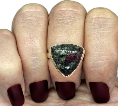 Triangle Eudialyte Ring, size O, Sterling Silver, The Stone of the Heartland, Balances