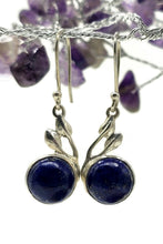 Load image into Gallery viewer, Lapis Earrings, Sterling Silver, Round Shaped, Leaf Design, Protection Stone, Truth Stone