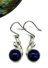 Load image into Gallery viewer, Lapis Earrings, Sterling Silver, Round Shaped, Leaf Design, Protection Stone, Truth Stone