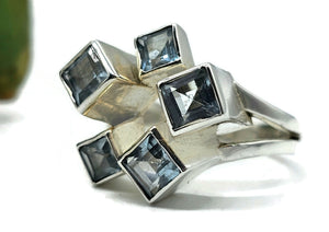 Blue Topaz Geometric Square Ring, Size U, Sterling Silver, December Birthstone