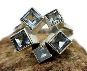 Blue Topaz Geometric Square Ring, Size U, Sterling Silver, December Birthstone