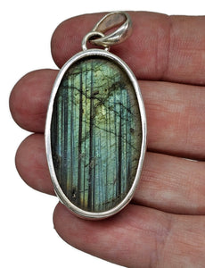 Raw Labradorite Pendant, Sterling Silver, Oval Shape, Blue, Green & Gold Gemstone