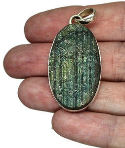 Raw Labradorite Pendant, Sterling Silver, Oval Shape, Blue, Green & Gold Gemstone