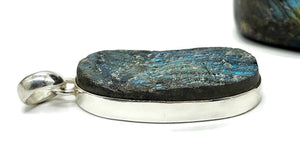 Raw Labradorite Pendant, Sterling Silver, Oval Shape, Blue, Green & Gold Gemstone