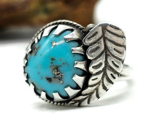 Turquoise Leaf Ring, Size R, Sterling Silver, Blue Gemstone, Protection Stone