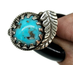 Turquoise Leaf Ring, Size R, Sterling Silver, Blue Gemstone, Protection Stone