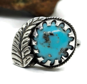 Turquoise Leaf Ring, Size R, Sterling Silver, Blue Gemstone, Protection Stone