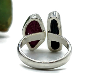 Raw Ruby & Black Tourmaline Ring, Size O, Sterling Silver, Rough Gemstones, July Birth