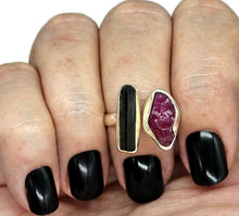 Load image into Gallery viewer, Raw Ruby &amp; Black Tourmaline Ring, Size O, Sterling Silver, Rough Gemstones, July Birth