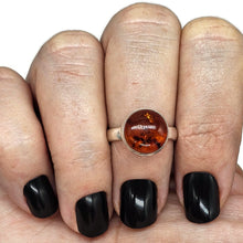 Load image into Gallery viewer, Baltic Amber Ring, size M, Sterling Silver, Round Shaped, Cognac Amber, Fossilized