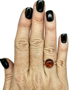 Baltic Amber Ring, size M, Sterling Silver, Round Shaped, Cognac Amber, Fossilized