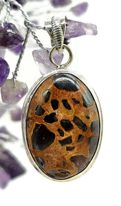 Bauxite Pendant, Sterling Silver, Oval Shaped, Cheetah Pattern, Release of Anger