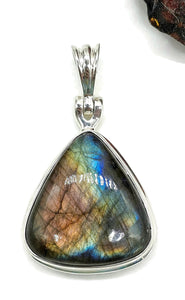 Spectrolite Labradorite Pendant, Sterling Silver, Triangle Shaped, Blue, Green, Gold, Purple