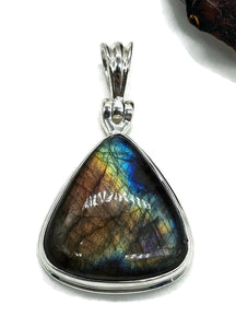 Spectrolite Labradorite Pendant, Sterling Silver, Triangle Shaped, Blue, Green, Gold, Purple