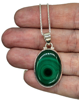 Oval Malachite Pendant, Sterling Silver, Beautiful Rich Green Gemstone, Bezel Setting