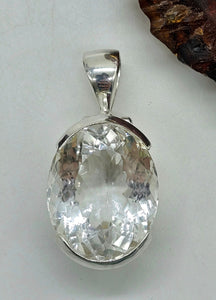 26 carat Clear Quartz Crystal Pendant, Sterling Silver, Oval Faceted, Concentration Stone