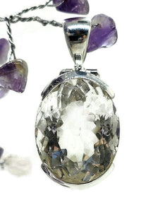 26 carat Clear Quartz Crystal Pendant, Sterling Silver, Oval Faceted, Concentration Stone