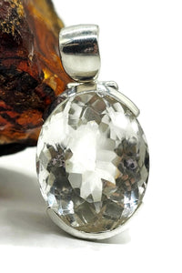 26 carat Clear Quartz Crystal Pendant, Sterling Silver, Oval Faceted, Concentration Stone