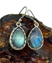 Load image into Gallery viewer, Labradorite Earrings, Sterling Silver, Blue Green Labradorite, Teardrop Shape