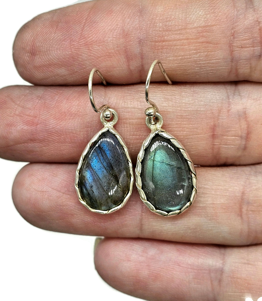 Labradorite Earrings, Sterling Silver, Blue Green Labradorite, Teardrop Shape