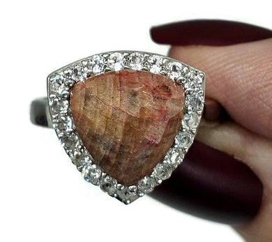 Halo Ruby & White Topaz Ring, Size S, Sterling Silver, Triangle Shape, July Birthstone