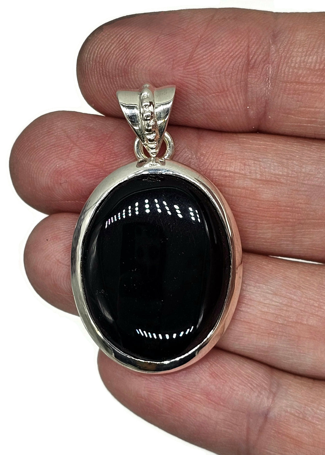 Big Oval Shaped Black Onyx Pendant, Leo Zodiac Stone, Sterling Silver, Protection Stone