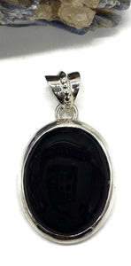 Big Oval Shaped Black Onyx Pendant, Leo Zodiac Stone, Sterling Silver, Protection Stone