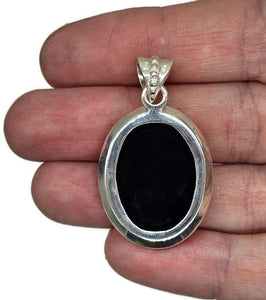 Big Oval Shaped Black Onyx Pendant, Leo Zodiac Stone, Sterling Silver, Protection Stone