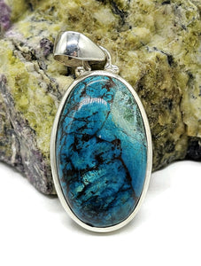 Oval Shattuckite Pendant, Sterling Silver, mix of Azurite, Chrysocolla & Malachite Gem