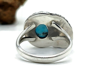 Turquoise Leaf Ring, Size R, Sterling Silver, Blue Gemstone, Protection Stone