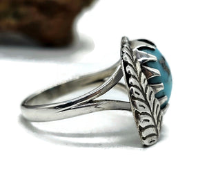 Turquoise Leaf Ring, Size R, Sterling Silver, Blue Gemstone, Protection Stone