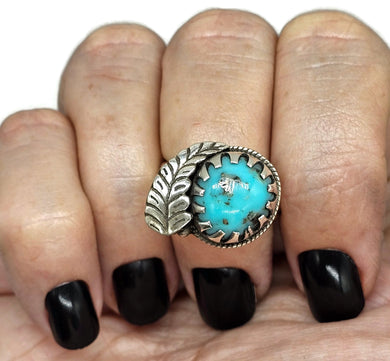 Turquoise Leaf Ring, Size R, Sterling Silver, Blue Gemstone, Protection Stone