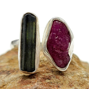 Raw Ruby & Black Tourmaline Ring, Size O, Sterling Silver, Rough Gemstones, July Birth