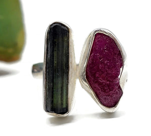 Raw Ruby & Black Tourmaline Ring, Size O, Sterling Silver, Rough Gemstones, July Birth