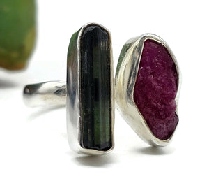 Raw Ruby & Black Tourmaline Ring, Size O, Sterling Silver, Rough Gemstones, July Birth